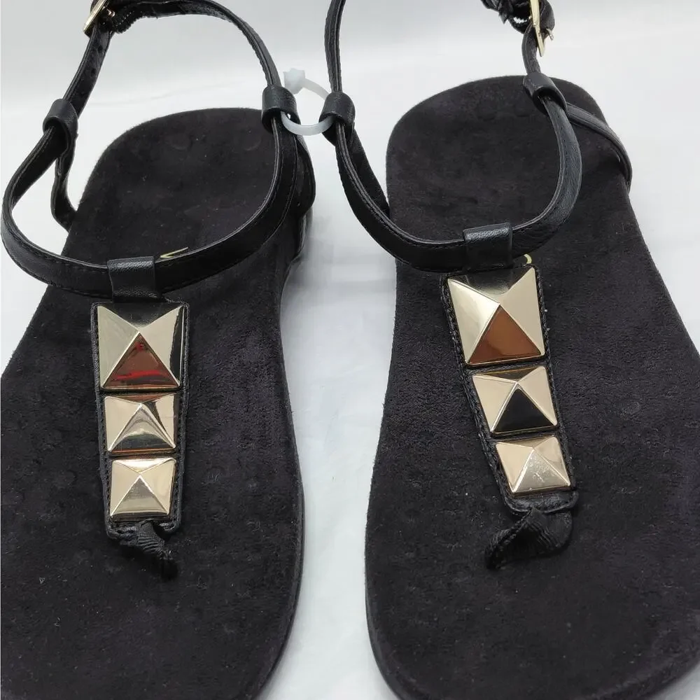 Vionic Womens Thong Sandals Size 9 Black Gold Studded T Strap Comfort Shoes